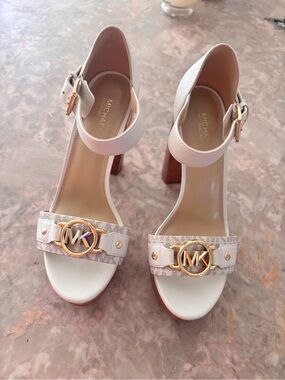 MICHAEL Michael Kors White and Gold MK Logo Block Heel Sandals